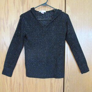 XHILARATION WOMEN'S JUNIOR'S SIZE L SWEATER BLACK SILVER METALLIC HOODIE V- NECK
